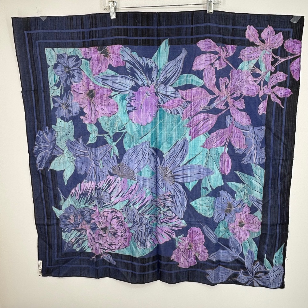 Vintage Thai Raw Slub Weave Silk Scarf Blue Purple Green Floral Gold Accents - Picture 5 of 9